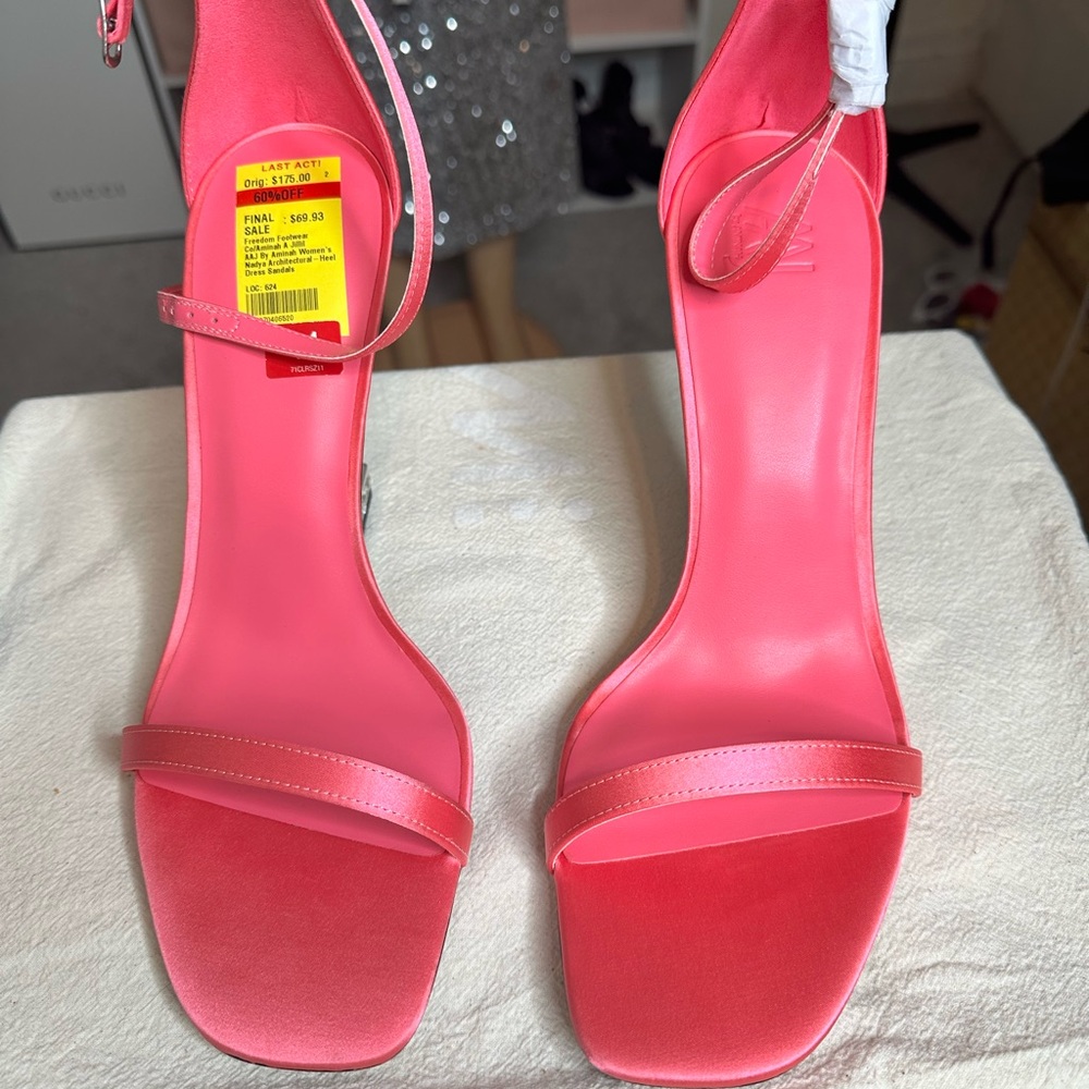 Elegant Pink Satin Ankle Strap Sandals Rhinestone Heel Sz 11 - Picture 2 of 9